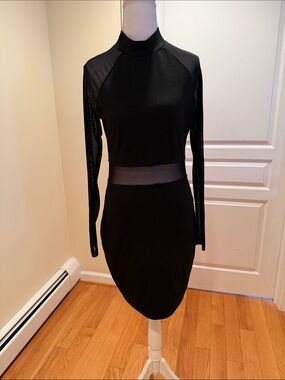 feathers Black Long Sleeve Mesh-Paneled Bodycon Dress